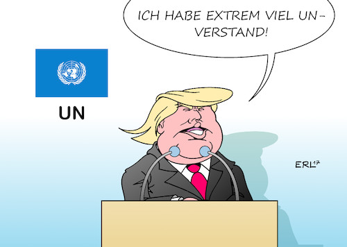 Cartoon: Trump Rede UN (medium) by Erl tagged usa,präsident,donald,trump,rede,un,vereinte,nationen,verhältnis,zwiespältig,minderleister,rechtspopulismus,nationalismus,abschottung,egoismus,solidarität,gemeinsamkeit,verständnis,verstand,karikatur,erl,usa,präsident,donald,trump,rede,un,vereinte,nationen,verhältnis,zwiespältig,minderleister,rechtspopulismus,nationalismus,abschottung,egoismus,solidarität,gemeinsamkeit,verständnis,verstand,karikatur,erl