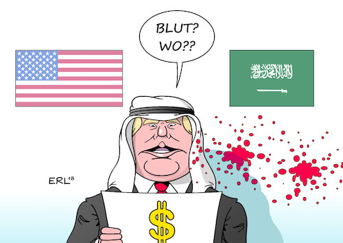 Cartoon: Trump Saudi Arabien (medium) by Erl tagged politik,saudi,arabien,konsulat,istanbul,mord,journalist,khashoggi,usa,geheimdienst,cia,verstrickung,kronprinz,salman,königshaus,präsident,donald,trump,weiterführung,beziehungen,handel,rüstung,waffenlieferungen,big,deal,moral,ethik,blut,dollar,geld,gier,karikatur,erl,politik,saudi,arabien,konsulat,istanbul,mord,journalist,khashoggi,usa,geheimdienst,cia,verstrickung,kronprinz,salman,königshaus,präsident,donald,trump,weiterführung,beziehungen,handel,rüstung,waffenlieferungen,big,deal,moral,ethik,blut,dollar,geld,gier,karikatur,erl