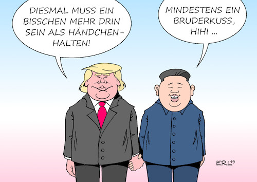 Cartoon: Trump und Kim (medium) by Erl tagged politik,gipfel,treffen,usa,präsident,donald,trump,kim,jong,un,diktator,nordkorea,annäherung,beziehungen,vertiefung,frieden,atomwaffen,abrüstung,händchenhalten,bruderkuss,karikatur,erl,politik,gipfel,treffen,usa,präsident,donald,trump,kim,jong,un,diktator,nordkorea,annäherung,beziehungen,vertiefung,frieden,atomwaffen,abrüstung,händchenhalten,bruderkuss,karikatur,erl