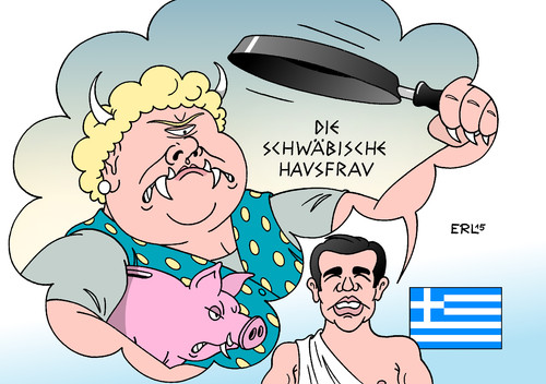 Cartoon: Tsipras (medium) by Erl tagged griechenland,krise,schulden,euro,eu,ezb,iwf,hilfspaket,sparkurs,reformkurs,sparen,reformen,ablehnung,kampf,held,alexis,tsipras,odysseus,zyklop,schwäbische,hausfrau,deutschland,austerität,karikatur,erl,griechenland,krise,schulden,euro,eu,ezb,iwf,hilfspaket,sparkurs,reformkurs,sparen,reformen,ablehnung,kampf,held,alexis,tsipras,odysseus,zyklop,schwäbische,hausfrau,deutschland,austerität