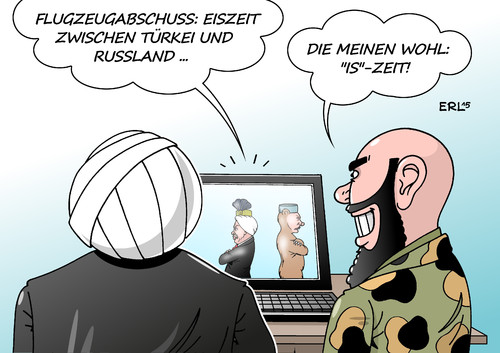 Cartoon: Türkei Russland Eiszeit (medium) by Erl tagged türkei,abschuss,flugzeug,kampfjet,russland,luftraum,beschuldigung,drohgebärden,schwächung,strategie,kampf,gegn,is,islamischer,staat,präsident,erdogan,putin,eiszeit,karikatur,erl,türkei,abschuss,flugzeug,kampfjet,russland,luftraum,beschuldigung,drohgebärden,schwächung,strategie,kampf,gegn,is,islamischer,staat,präsident,erdogan,putin,eiszeit,karikatur,erl