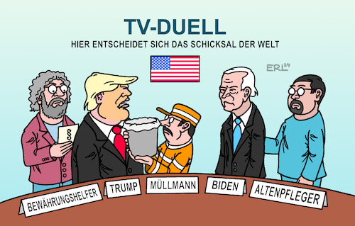 Cartoon: TV-Duell (medium) by Erl tagged politik,usa,wahl,präsident,präsidentschaftswahl,tv,duell,joe,biden,thema,alter,altenpfleger,donald,trump,verurteilung,bewährungshelfer,fäkalsprache,müllmann,karikatur,erl,politik,usa,wahl,präsident,präsidentschaftswahl,tv,duell,joe,biden,thema,alter,altenpfleger,donald,trump,verurteilung,bewährungshelfer,fäkalsprache,müllmann,karikatur,erl