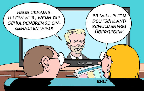 Cartoon: Ukrainehilfen (medium) by Erl tagged politik,bundesregierung,ampel,spd,grüne,streit,haushalt,einigung,milliardenloch,geld,finanzminister,christian,lindner,ukrainehilfen,bedingung,einhaltung,schuldenbremse,ukraine,kampf,überleben,verteidigung,freiheit,aggressor,russland,wladimir,putin,gefahr,durchmarsch,westen,deutschland,karikatur,erl,politik,bundesregierung,ampel,spd,grüne,streit,haushalt,einigung,milliardenloch,geld,finanzminister,christian,lindner,ukrainehilfen,bedingung,einhaltung,schuldenbremse,ukraine,kampf,überleben,verteidigung,freiheit,aggressor,russland,wladimir,putin,gefahr,durchmarsch,westen,deutschland,karikatur,erl