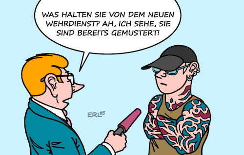 Cartoon: Umfrage Wehrdienst (medium) by Erl tagged politik,regierung,bundeswehr,wehrdienst,fragebogen,musterung,tattoo,karikatur,erl,politik,regierung,bundeswehr,wehrdienst,fragebogen,musterung,tattoo,karikatur,erl