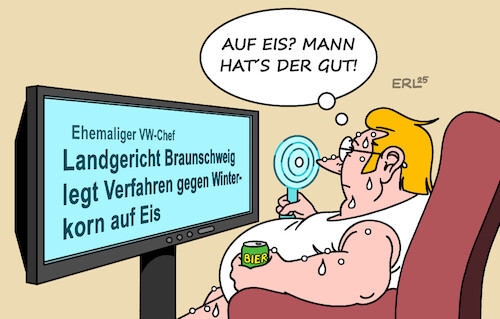 Cartoon: Und heißt auch noch Winterkorn (medium) by Erl tagged politik,auto,volkswagen,chef,winterkorn,prozess,abgas,dieselskandal,auf,eis,hitze,hitzewelle,karikatur,erl,politik,auto,volkswagen,chef,winterkorn,prozess,abgas,dieselskandal,auf,eis,hitze,hitzewelle,karikatur,erl