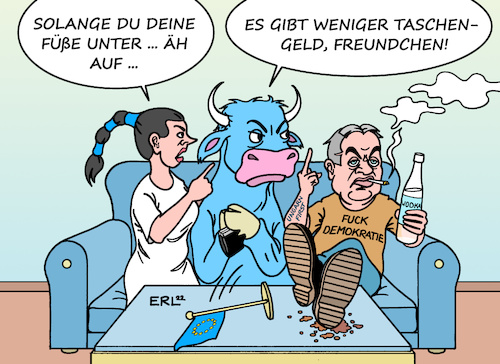 Cartoon: Ungarn (medium) by Erl tagged politik,eu,mitglied,ungarn,abbau,demokratie,meinungsfreiheit,rechtsstaat,europa,stier,kürzung,gelder,taschengeld,viktor,orban,autokrat,füße,tisch,zigarette,wodka,nähe,putin,diktator,krieg,angriff,überfall,ukraine,karikatur,erl,politik,eu,mitglied,ungarn,abbau,demokratie,meinungsfreiheit,rechtsstaat,europa,stier,kürzung,gelder,taschengeld,viktor,orban,autokrat,füße,tisch,zigarette,wodka,nähe,putin,diktator,krieg,angriff,überfall,ukraine,karikatur,erl