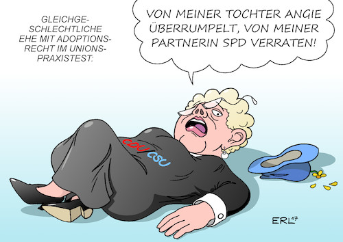 Cartoon: Union Ehe für Alle (medium) by Erl tagged ehe,für,alle,homoehe,adoptionsrecht,gleichgeschlechtlich,homosexualität,schwul,lesbisch,heiraten,bundeskanzlerin,angela,merkel,meinung,änderung,spd,grüne,linke,abstimmung,bundestag,kritik,cdu,csu,union,konservative,überrumpelung,verrat,koalition,mann,frau,kind,kinder,karikatur,erl,ehe,für,alle,homoehe,adoptionsrecht,gleichgeschlechtlich,homosexualität,schwul,lesbisch,heiraten,bundeskanzlerin,angela,merkel,meinung,änderung,spd,grüne,linke,abstimmung,bundestag,kritik,cdu,csu,union,konservative,überrumpelung,verrat,koalition,mann,frau,kind,kinder,karikatur,erl