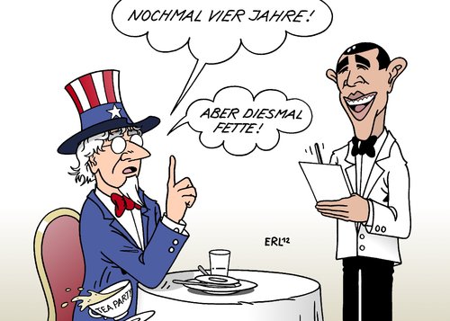 Cartoon: US-Wahl (medium) by Erl tagged usa,wahl,präsident,wiederwahl,obama,niederlage,romney,vier,jahre,fett,uncle,sam,tea,party,usa,wahl,präsident,wiederwahl,obama,niederlage,romney,vier,jahre,fett,uncle,sam,tea,party