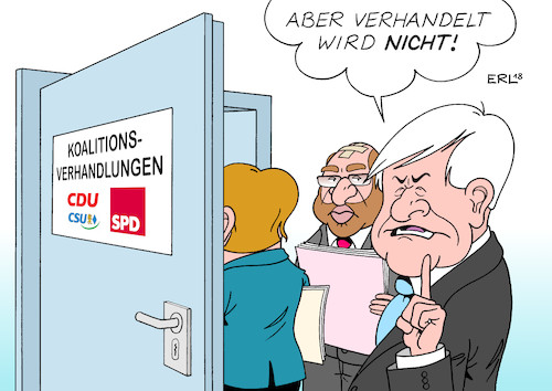 Cartoon: Verhandlungen (medium) by Erl tagged bundestagswahl,regierung,regierungsbildung,sondierung,groko,große,koalition,schwarz,rot,cdu,csu,spd,parteitag,zustimmung,koalitionsverhandlungen,forderungen,union,ablehnung,seehofer,merkel,schulz,verhandlungen,politik,karikatur,erl,bundestagswahl,regierung,regierungsbildung,sondierung,groko,große,koalition,schwarz,rot,cdu,csu,spd,parteitag,zustimmung,koalitionsverhandlungen,forderungen,union,ablehnung,seehofer,merkel,schulz,verhandlungen,politik,karikatur,erl