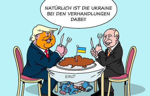 Cartoon: Verhandlungen (medium) by Erl tagged politik,trump,verhandlungen,putin,ukraine,beute,essen,belohnung,angriffskrieg,tisch,eu,europa,stier,karikatur,erl,politik,trump,verhandlungen,putin,ukraine,beute,essen,belohnung,angriffskrieg,tisch,eu,europa,stier,karikatur,erl