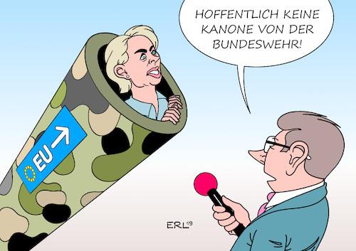 Cartoon: Verkaufskanone (medium) by Erl tagged politik,eu,brüssel,posten,kommissionspräsident,kommissionspräsidentin,kandidatin,ursula,von,der,leyen,werbung,fraktionen,europaparlament,straßburg,verteidigungsministerin,bundeswehr,bilanz,durchwachsen,verkaufskanone,rohrkrepierer,karikatur,erl,politik,eu,brüssel,posten,kommissionspräsident,kommissionspräsidentin,kandidatin,ursula,von,der,leyen,werbung,fraktionen,europaparlament,straßburg,verteidigungsministerin,bundeswehr,bilanz,durchwachsen,verkaufskanone,rohrkrepierer,karikatur,erl