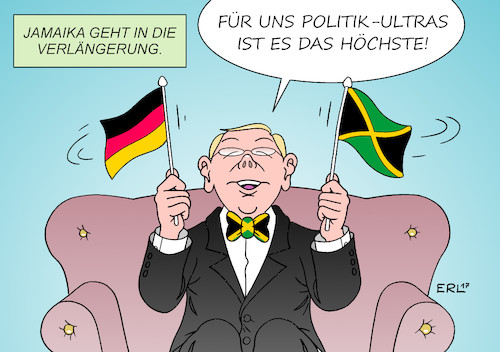 Cartoon: Verlängerung Jamaika (medium) by Erl tagged politik,bundestagswahl,regierung,koalition,jamaika,schwarz,gelb,grün,cdu,csu,fdp,die,grünen,sondierung,position,gegensätze,streit,stagnation,nacht,verhandlung,bundeskanzlerin,angela,merkel,verlängerung,wochenende,fußball,fan,ultra,karikatur,erl,politik,bundestagswahl,regierung,koalition,jamaika,schwarz,gelb,grün,cdu,csu,fdp,die,grünen,sondierung,position,gegensätze,streit,stagnation,nacht,verhandlung,bundeskanzlerin,angela,merkel,verlängerung,wochenende,fußball,fan,ultra,karikatur,erl