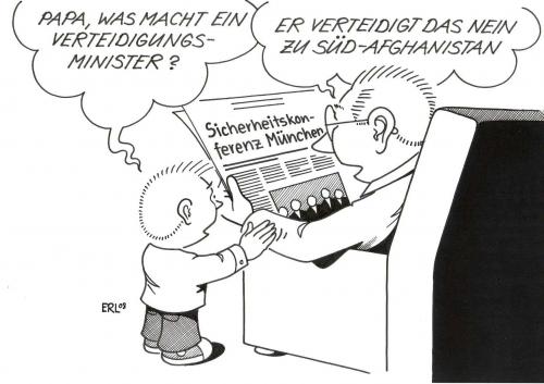 Cartoon: Verteidigungsminister (medium) by Erl tagged bundeswehr,,bundeswehr,afghanistan,sicherheitskonferenz,verteidigungsminister,süd,krieg,terrorismus,nutzen,zeitung