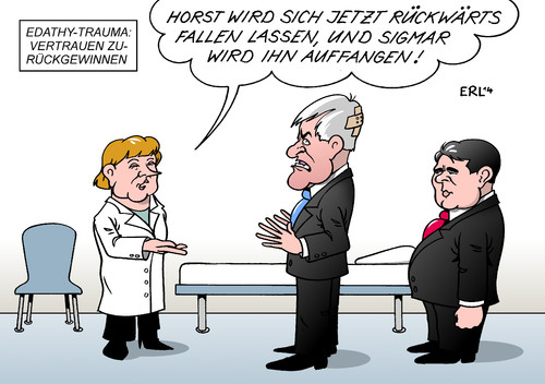 Cartoon: Vertrauensübung (medium) by Erl tagged regierung,regierungskoalition,große,koalition,cdu,csu,spd,fall,edathy,information,weitergabe,rücktritt,friedrich,plaudern,oppermann,rache,misstrauen,vertrauen,vertrauensübung,merkel,seehofer,gabriel,regierung,regierungskoalition,große,koalition,cdu,csu,spd,fall,edathy,information,weitergabe,rücktritt,friedrich,plaudern,oppermann,rache,misstrauen,vertrauen,vertrauensübung,merkel,seehofer,gabriel