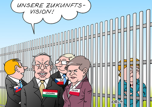 Cartoon: Visegrad-Staaten (medium) by Erl tagged bundeskanzlerin,angela,merkel,besuch,osteuropa,treffen,visegradstaaten,bündnis,polen,ungarn,tschechien,slowakei,skepsis,ablehnung,flüchtlingspolitik,deutschland,willkommenskultur,multikulti,obergrenze,grenzzaun,abschottung,eu,solidarität,spaltung,karikatur,erl,bundeskanzlerin,angela,merkel,besuch,osteuropa,treffen,visegradstaaten,bündnis,polen,ungarn,tschechien,slowakei,skepsis,ablehnung,flüchtlingspolitik,deutschland,willkommenskultur,multikulti,obergrenze,grenzzaun,abschottung,eu,solidarität,spaltung,karikatur,erl