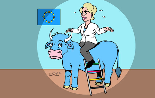 Cartoon: Von der Leyen (medium) by Erl tagged politik,europawahl,europaparlament,wahl,eu,kommissionspräsidentin,wiederwahl,ursula,von,der,leyen,unterstützung,evp,liberale,sozialdemokraten,grüne,leiter,stier,europa,karikatur,erl,politik,europawahl,europaparlament,wahl,eu,kommissionspräsidentin,wiederwahl,ursula,von,der,leyen,unterstützung,evp,liberale,sozialdemokraten,grüne,leiter,stier,europa,karikatur,erl