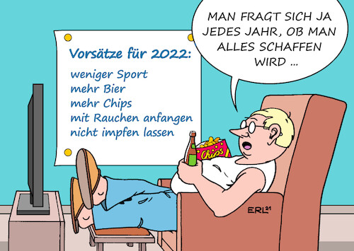 Cartoon: Vorsätze (medium) by Erl tagged politik,jahreswechsel,2021,2022,silvester,neujahr,vorsätze,sport,essen,alkohol,bier,rauchen,impfen,corona,virus,pandemie,covid19,fernsehen,karikatur,erl,politik,jahreswechsel,2021,2022,silvester,neujahr,vorsätze,sport,essen,alkohol,bier,rauchen,impfen,corona,virus,pandemie,covid19,fernsehen,karikatur,erl