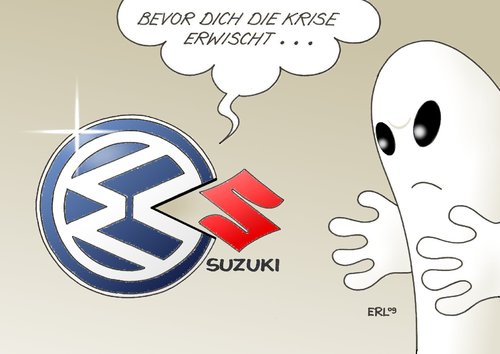 Cartoon: VW (medium) by Erl tagged vw,suzuki,übernahme,krise,wirtschaftskrise,vw,suzuki,übernahme,krise,wirtschaftskrise,finanzkrise,finanzen,auto,autos,industrie