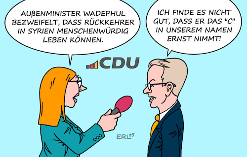 Cartoon: Wadephul (medium) by Erl tagged politik,außenminister,wadephul,zweifel,rückkehr,syrien,menschenwürde,kritik,cdu,linnemann,christlich,karikatur,erl,politik,außenminister,wadephul,zweifel,rückkehr,syrien,menschenwürde,kritik,cdu,linnemann,christlich,karikatur,erl