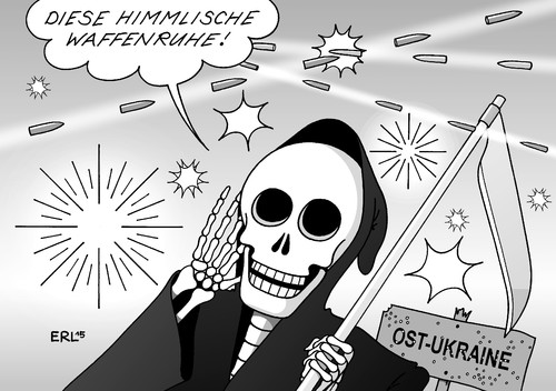 Cartoon: Waffenruhe (medium) by Erl tagged ukraine,ostukraine,krieg,gipfel,mink,waffenruhe,russland,putin,poroschenko,deutschland,merkel,frankreich,hollande,separatisten,kämpfe,tod