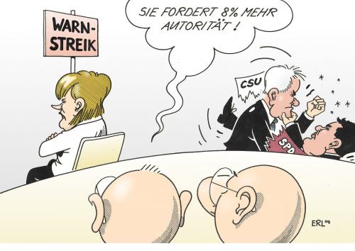 Cartoon: Warnstreik (medium) by Erl tagged streik,warnstreik,merkel,koalition,seehofer,gabriel,streit,acht,prozent,mehr,autorität,lohn,streik,warnstreik,angela merkel,cdu,horst seehofer,sigmar gabriel,streit,acht prozent,lohn,autorität,gehalt,gehälter,spd,protest,angela,merkel,horst,seehofer,sigmar,gabriel,acht,prozent