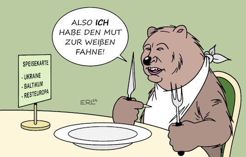 Cartoon: Weiße Fahne (medium) by Erl tagged politik,krieg,angriff,überfall,russland,wladimir,putin,ukraine,empfehlung,papst,franziskus,verhandlungen,weiße,fahne,frieden,essen,fressen,bär,baltikum,europa,speisekarte,karikatur,erl,politik,krieg,angriff,überfall,russland,wladimir,putin,ukraine,empfehlung,papst,franziskus,verhandlungen,weiße,fahne,frieden,essen,fressen,bär,baltikum,europa,speisekarte,karikatur,erl