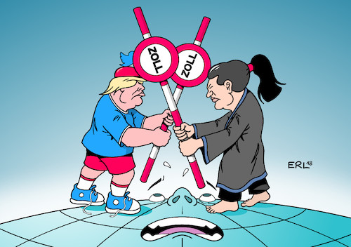 Cartoon: Welt-Handelskrieg (medium) by Erl tagged politik,usa,präsident,donald,trump,wirtschaft,wirtschaftspolitik,nationalismus,abschottung,strafzölle,zoelle,zoll,zollschranke,handel,welthandel,freihandel,einschränkung,gefährdung,egoismus,america,first,handelskrieg,china,kampf,kampfkunst,geld,finanzen,erde,angst,karikatur,erl,politik,usa,präsident,donald,trump,wirtschaft,wirtschaftspolitik,nationalismus,abschottung,strafzölle,zoelle,zoll,zollschranke,handel,welthandel,freihandel,einschränkung,gefährdung,egoismus,america,first,handelskrieg,china,kampf,kampfkunst,geld,finanzen,erde,angst,karikatur,erl