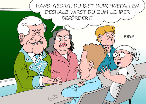 Cartoon: Wenn das Schule Macht (medium) by Erl tagged politik,verfassungsschutz,präsident,hans,georg,maassen,interview,chemnitz,rechtsextremismus,hetzjagden,relativierung,rechtspopulismus,afd,nähe,zweifel,aussage,bundeskanzlerin,angela,merkel,cdu,unterstützung,innenminister,horst,seehofer,csu,entlassung,beförderung,staatssekretär,innenministerium,karriere,ärger,spd,andrea,nahles,michel,politikverdrossenheit,schule,lehrer,karikatur,erl,politik,verfassungsschutz,präsident,hans,georg,maassen,interview,chemnitz,rechtsextremismus,hetzjagden,relativierung,rechtspopulismus,afd,nähe,zweifel,aussage,bundeskanzlerin,angela,merkel,cdu,unterstützung,innenminister,horst,seehofer,csu,entlassung,beförderung,staatssekretär,innenministerium,karriere,ärger,spd,andrea,nahles,michel,politikverdrossenheit,schule,lehrer,karikatur,erl