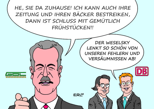 Cartoon: Weselsky (medium) by Erl tagged politik,verkehr,streik,lokführer,gewerkschaft,gdl,chef,claus,weselsky,lohnerhöhung,coronaprämie,macht,einfluss,fahrgäste,unverständnis,provokation,ausfall,zug,ablenkung,fehler,versäumnisse,deutsche,bahn,vorstandsvorsitzender,richard,lutz,verkehrsminister,andreas,scheuer,csu,bund,eigentümer,aktionär,karikatur,erl,politik,verkehr,streik,lokführer,gewerkschaft,gdl,chef,claus,weselsky,lohnerhöhung,coronaprämie,macht,einfluss,fahrgäste,unverständnis,provokation,ausfall,zug,ablenkung,fehler,versäumnisse,deutsche,bahn,vorstandsvorsitzender,richard,lutz,verkehrsminister,andreas,scheuer,csu,bund,eigentümer,aktionär,karikatur,erl