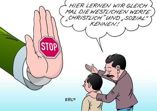 Cartoon: Westliche Werte (medium) by Erl tagged erl,karikatur,lernen,integration,westlich,sozial,christlich,werte,stop,seehofer,csu,cdu,kritik,merkel,angela,bundeskanzlerin,willkommen,bayern,deutschland,eu,europa,flüchtlinge,flüchtlinge,europa,eu,deutschland,bayern,willkommen,bundeskanzlerin,angela,merkel,kritik,cdu,csu,seehofer,stop,werte,christlich,sozial,westlich,integration,lernen,karikatur,erl