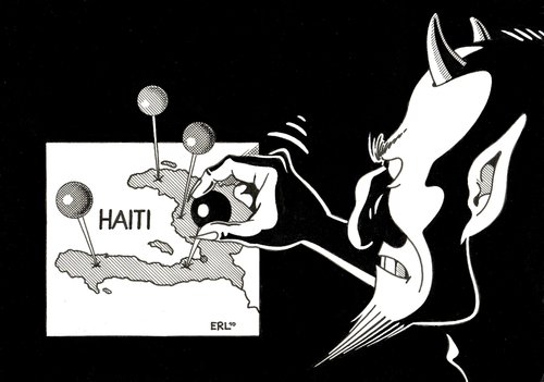 Cartoon: Why do you do this? (medium) by Erl tagged haiti,erdbeben,armut,korruption,voodoo,nadeln,teufel,do,haiti,erdbeben,armut,korruption,voodoo,nadeln,teufel,naturkatastrophe,katastrophe,chaos