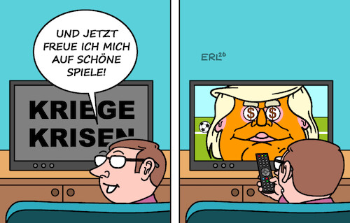 Cartoon: WM USA (medium) by Erl tagged politik,sport,fußball,wm,2026,usa,ablenkung,kriege,krisen,fifa,trump,geldgier,dollar,karikatur,erl,politik,sport,fußball,wm,2026,usa,ablenkung,kriege,krisen,fifa,trump,geldgier,dollar,karikatur,erl