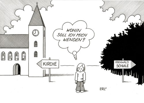 Cartoon: Wohin (medium) by Erl tagged kirche,schule,odenwald,sexueller missbrauch,kinder,jugendliche,allein,religion,glaube,skandal,missbrauch,jugend,erziehung,gewalt,sexueller