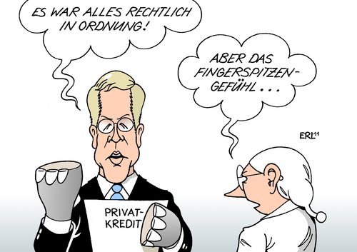 Cartoon: Wulff (medium) by Erl tagged wulff,bundespräsident,privatkredit,kredit,freund,freundin,unternehmer,gattin,fingerspitzengefühl,vorteilsnahme,wulff,bundespräsident,privatkredit,kredit,freundin