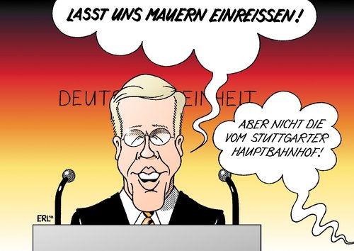 Cartoon: Wulff Rede (medium) by Erl tagged deutschland,einheit,bundespräsident,wulff,mauer,mauerfall,integration,politik,bürger,bahnhof,stuttgart21,hauptbahnhof,abriss,zwischenruf,deutschland,einheit,bundespräsident,wulff,mauer,mauerfall,integration,stuttgart 21,bahnhof,deutsche einheit,wiedervereinigung,stuttgart,21,deutsche