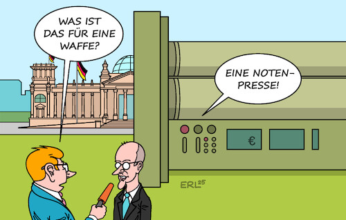 Cartoon: Wunderwaffe (medium) by Erl tagged politik,groko,merz,sondervermögen,rüstung,infrastruktur,notenpresse,waffe,wunderwaffe,karikatur,erl,politik,groko,merz,sondervermögen,rüstung,infrastruktur,notenpresse,waffe,wunderwaffe,karikatur,erl