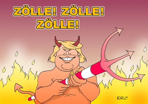 Cartoon: Zölle (medium) by Erl tagged politik,usa,präsident,donald,trump,rechtspopulismus,nationalismus,handelsbarrieren,strafzölle,stahl,aluminium,eu,reaktion,gegenmaßnahmen,eskalation,handelskrieg,wirtschaft,handel,freihandel,hölle,teufel,bedrohung,unternehmen,europa,karikatur,erl,politik,usa,präsident,donald,trump,rechtspopulismus,nationalismus,handelsbarrieren,strafzölle,stahl,aluminium,eu,reaktion,gegenmaßnahmen,eskalation,handelskrieg,wirtschaft,handel,freihandel,hölle,teufel,bedrohung,unternehmen,europa,karikatur,erl