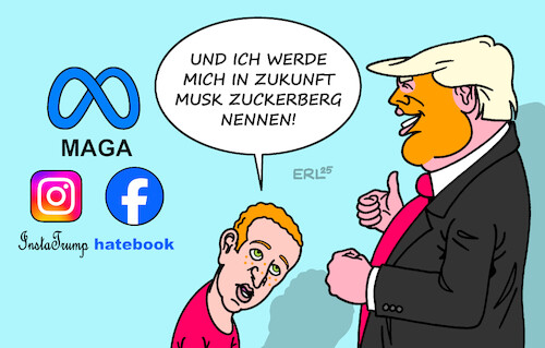 Cartoon: Zuckerberg (medium) by Erl tagged politik,social,media,mark,zuckerberg,meta,anbiedern,trump,musk,lockerung,regeln,instagram,facebook,hass,karikatur,erl,politik,social,media,mark,zuckerberg,meta,anbiedern,trump,musk,lockerung,regeln,instagram,facebook,hass,karikatur,erl