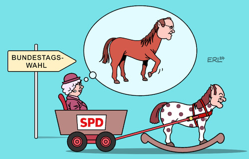 Cartoon: Zugpferde (medium) by Erl tagged politik,bundestagswahl,spd,kanzler,scholz,schaukelpferd,zugpferd,pistorius,beliebtheit,karikatur,erl,politik,bundestagswahl,spd,kanzler,scholz,schaukelpferd,zugpferd,pistorius,beliebtheit,karikatur,erl