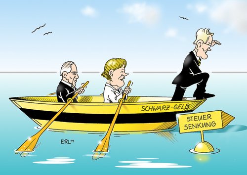 Cartoon: Zurückrudern (medium) by Erl tagged schwarz,gelb,schäuble,merkel,westerwelle,steuern,steuersenkung,rudern,zurückrudern,schwarz,wolfgang schäuble,angela merkel,guido westerwelle,steuern,steuersenkung,rudern,zurückrudern,steuer,wolfgang,schäuble,angela,merkel,guido,westerwelle