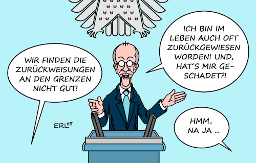 Cartoon: Zurückweisungen (medium) by Erl tagged politik,bundestag,bundeskanzler,merz,migration,asyl,zurückweisungen,grenzen,leben,schaden,karikatur,erl,politik,bundestag,bundeskanzler,merz,migration,asyl,zurückweisungen,grenzen,leben,schaden,karikatur,erl