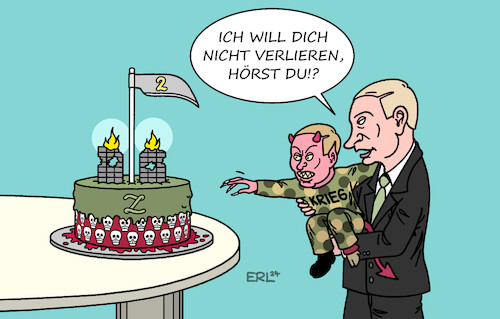 Cartoon: Zwei Jahre Krieg (medium) by Erl tagged politik,krieg,angriff,überfall,terror,tod,zerstörung,wladimir,putin,russland,ukraine,zwei,jahre,geburtstag,torte,sohn,teufel,karikatur,erl,politik,krieg,angriff,überfall,terror,tod,zerstörung,wladimir,putin,russland,ukraine,zwei,jahre,geburtstag,torte,sohn,teufel,karikatur,erl