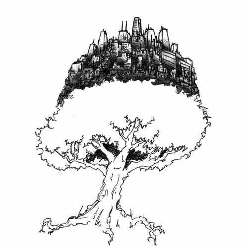 Cartoon: Civilization Tree BW (medium) by robobenito tagged tree,civilization,buildings,giant,city,town,urban,ecology,nature,banzai,earth,ecological,balance,support,planet,life,green,community,communal,pen,pencil,ink,subsistence,science,drawing,technology