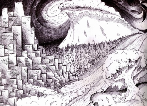 Cartoon: Ebb and Flow (medium) by robobenito tagged city,nature,river,night,wave,cliff,trees,forest,swirl,moon,darkness,country,urban,rural,flowing,wilderness,town,seasons,pier,building,skyscrapers,tree,civilization,science,drawing,pen,pencil,green,ecology,technology,growth,planet,dependent