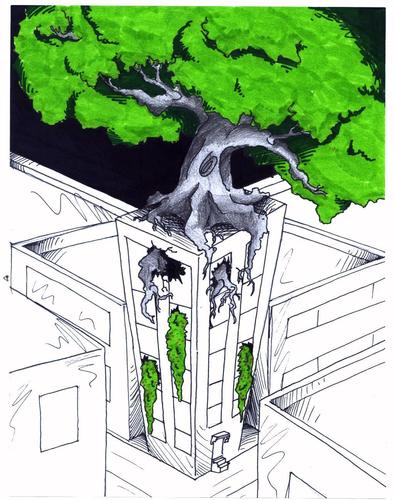 Cartoon: Urban Garden (medium) by robobenito tagged nature,city,urban,treehouse,tree,house,green,ecology,block,street,apartment,building,development,organization,leaves,branches,streets,night,growth,urbanization,greening,conscious,conscientiousness,planning,action,though