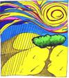 Cartoon: Savannah (small) by robobenito tagged savannah hills tree sun clouds swirl colors gold pen pencil highlighter marker peaceful beauty sunshine environment ecology ecological landscape shadow sky mountains rolling rain atmosphere climate