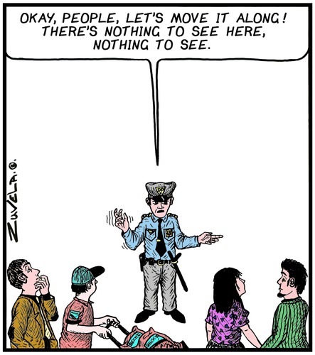 Cartoon: Nothing to see (medium) by Tony Zuvela tagged policeman,move,it,along,theres,nothing,to,see,here,blank,background,people,public,rubber,neckers