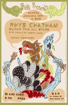 Cartoon: Promo Poster-Rhys Chatham (medium) by John Bent tagged avant,rock,horses,explosions,music,gig,posters,