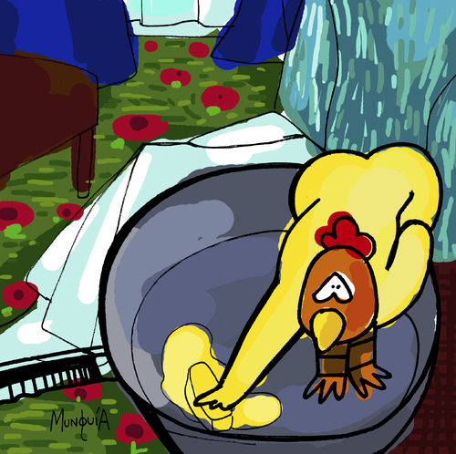Cartoon: Chick in Pan (medium) by Munguia tagged chicken,chick,pan,degas,woman,in,the,bath,tub
