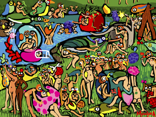 Cartoon: Garden of earthly delights (medium) by Munguia tagged bosch,el,bosco,garden,of,earthy,delights,nude,naked,famous,paintings,parodies